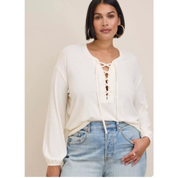 Torrid Texture Jersey Lace-Up Drop Shoulder Top Women 5X Cream Lightweight - Picture 3 of 9
